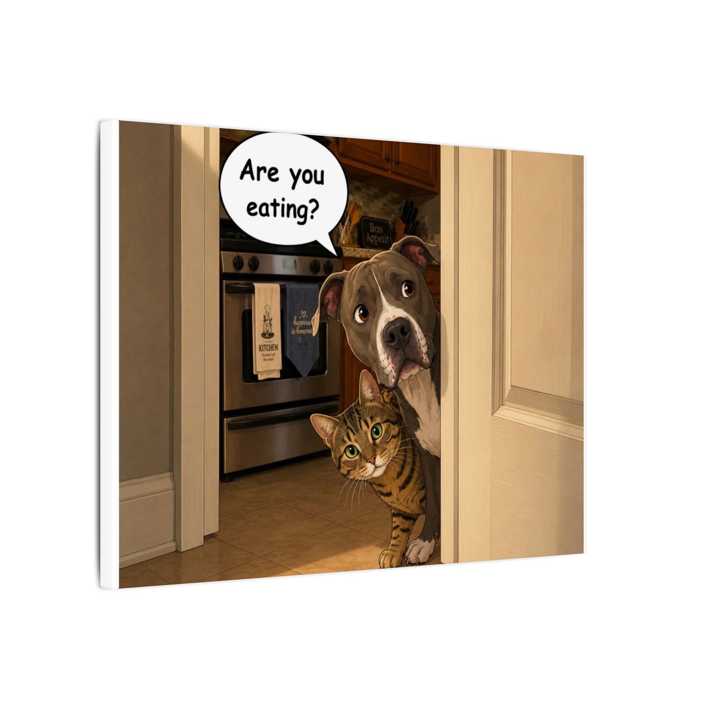 “Are You Eating?” Funny Dog and Cat Peeking Door Graphic