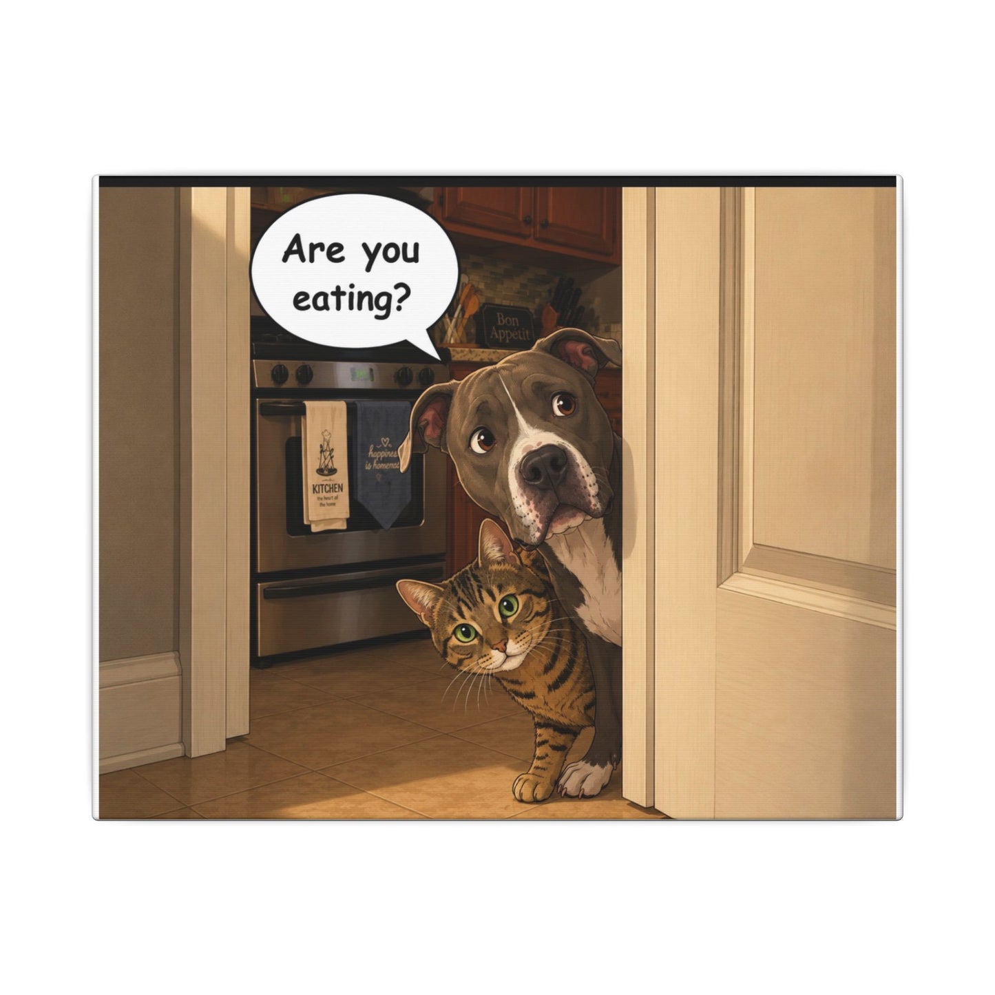 “Are You Eating?” Funny Dog and Cat Peeking Door Graphic