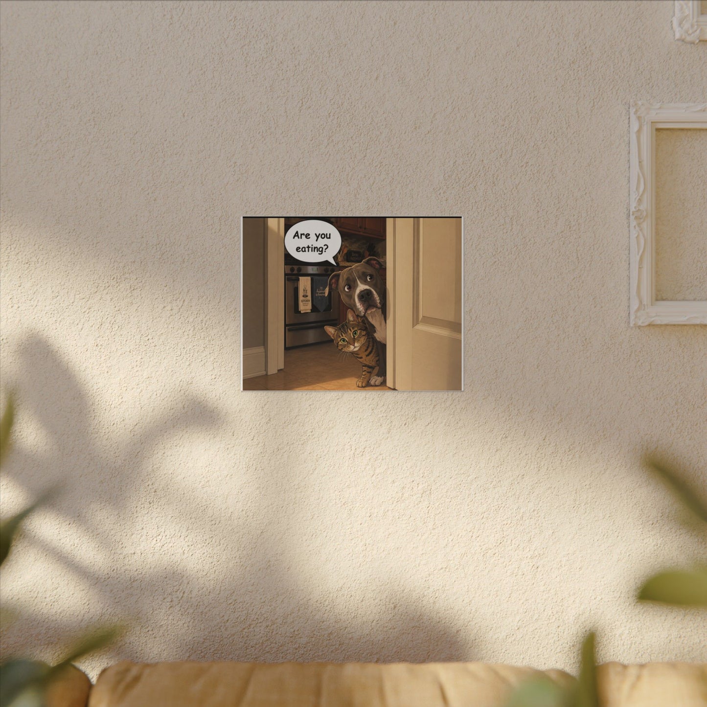“Are You Eating?” Funny Dog and Cat Peeking Door Graphic