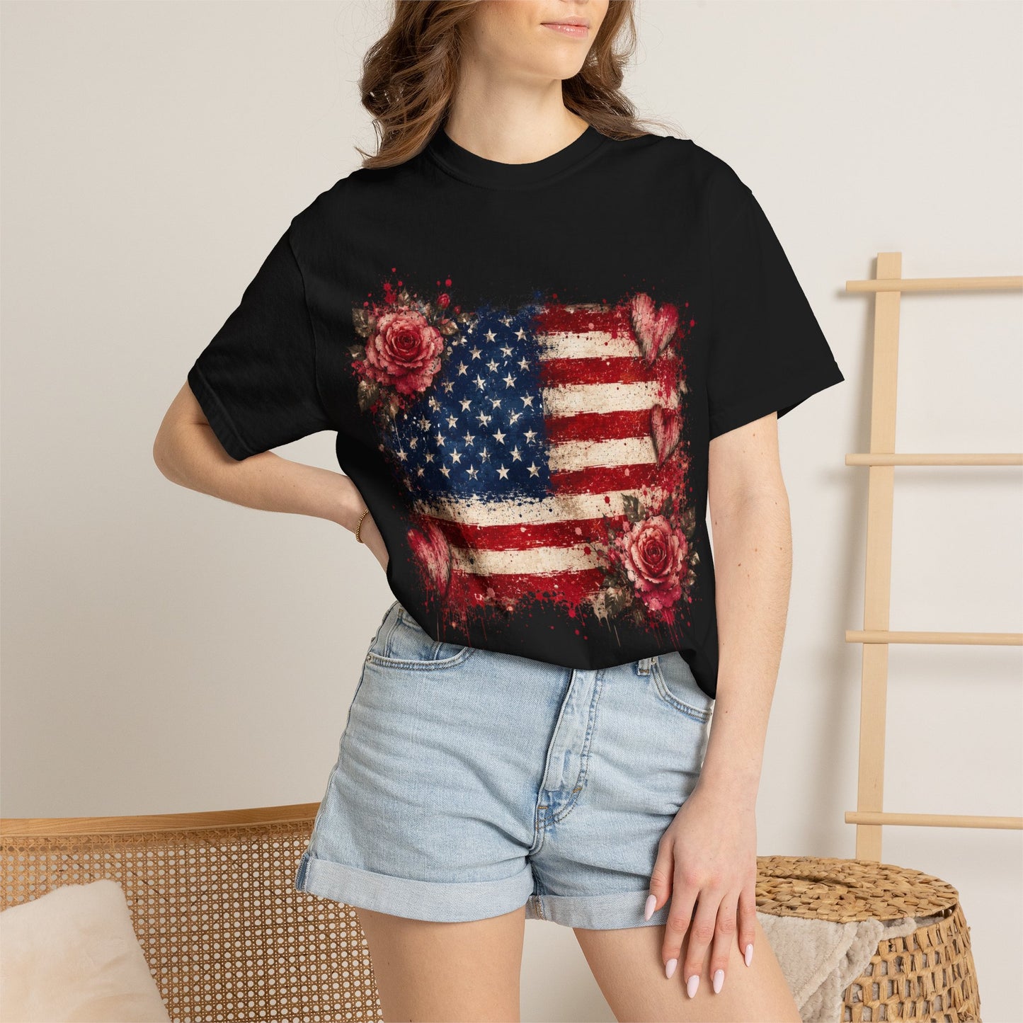 Vintage Patriotic Rose & Heart Flag Shirt Unisex Garment-Dyed T-shirt