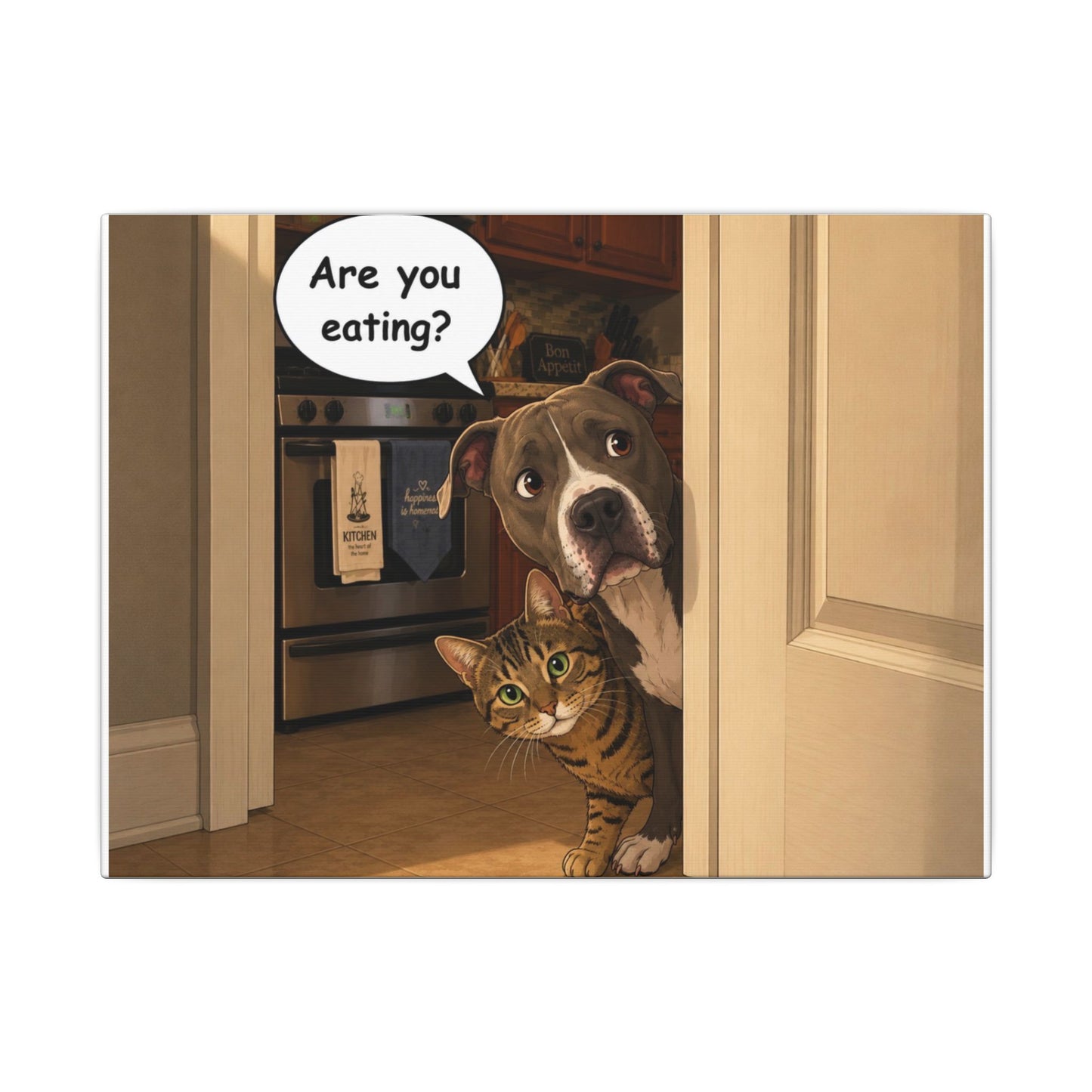 “Are You Eating?” Funny Dog and Cat Peeking Door Graphic