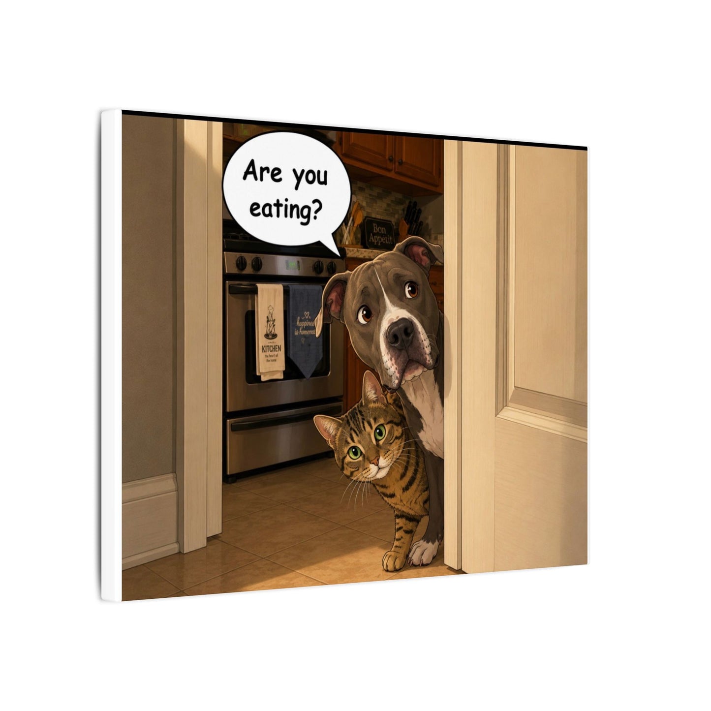 “Are You Eating?” Funny Dog and Cat Peeking Door Graphic