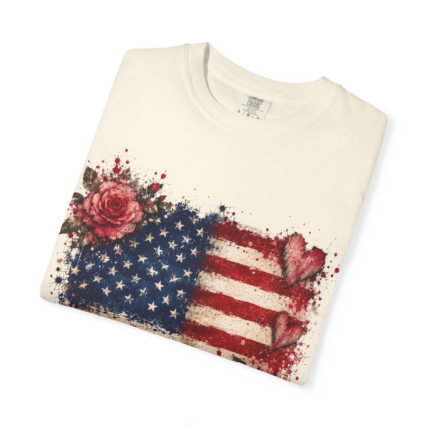 Vintage Patriotic Rose & Heart Flag Shirt Unisex Garment-Dyed T-shirt