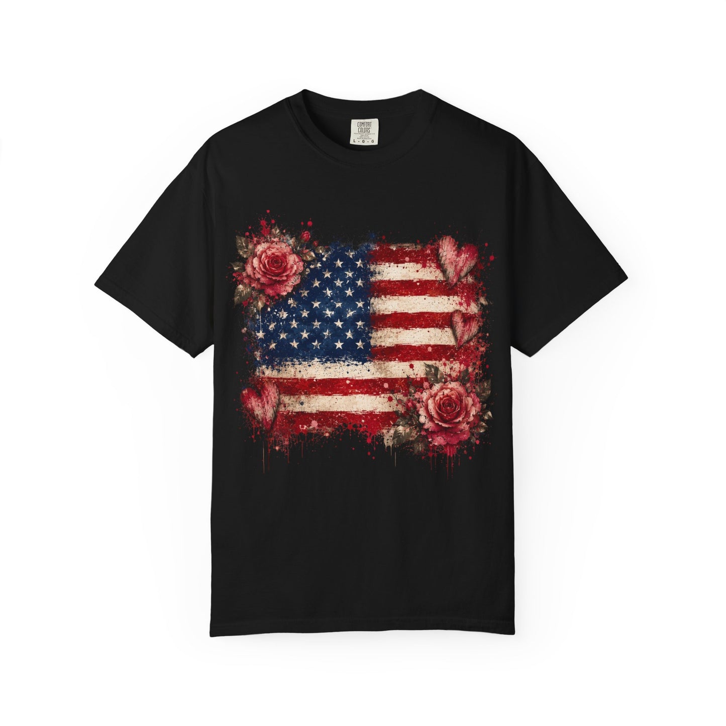 Vintage Patriotic Rose & Heart Flag Shirt Unisex Garment-Dyed T-shirt
