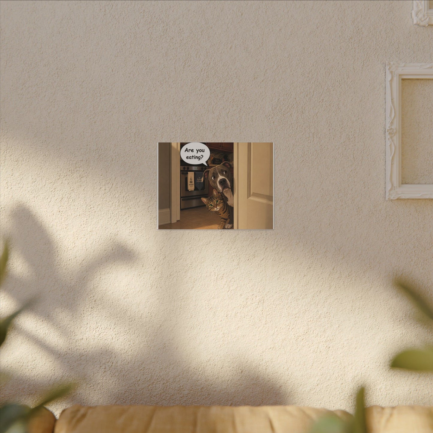 “Are You Eating?” Funny Dog and Cat Peeking Door Graphic