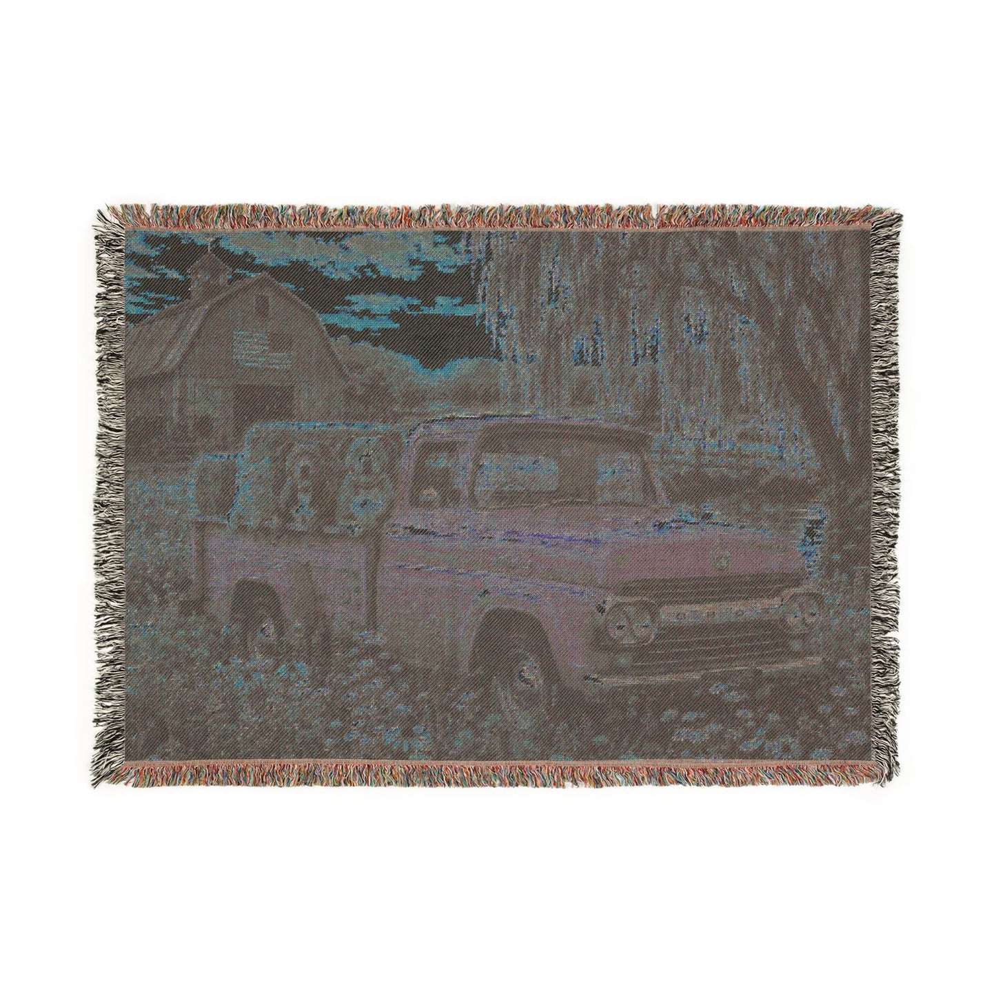 Vintage Green Farm Truck Woven Blanket with Dogs