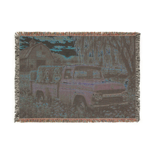 Vintage Green Farm Truck Woven Blanket with Dogs