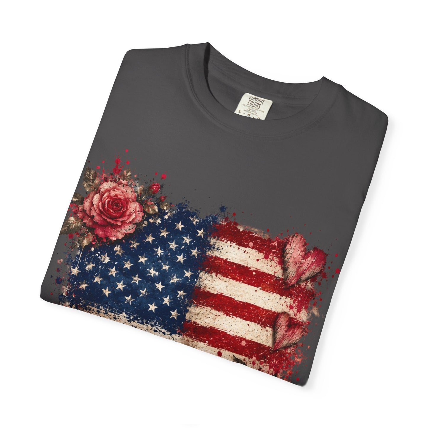 Vintage Patriotic Rose & Heart Flag Shirt Unisex Garment-Dyed T-shirt