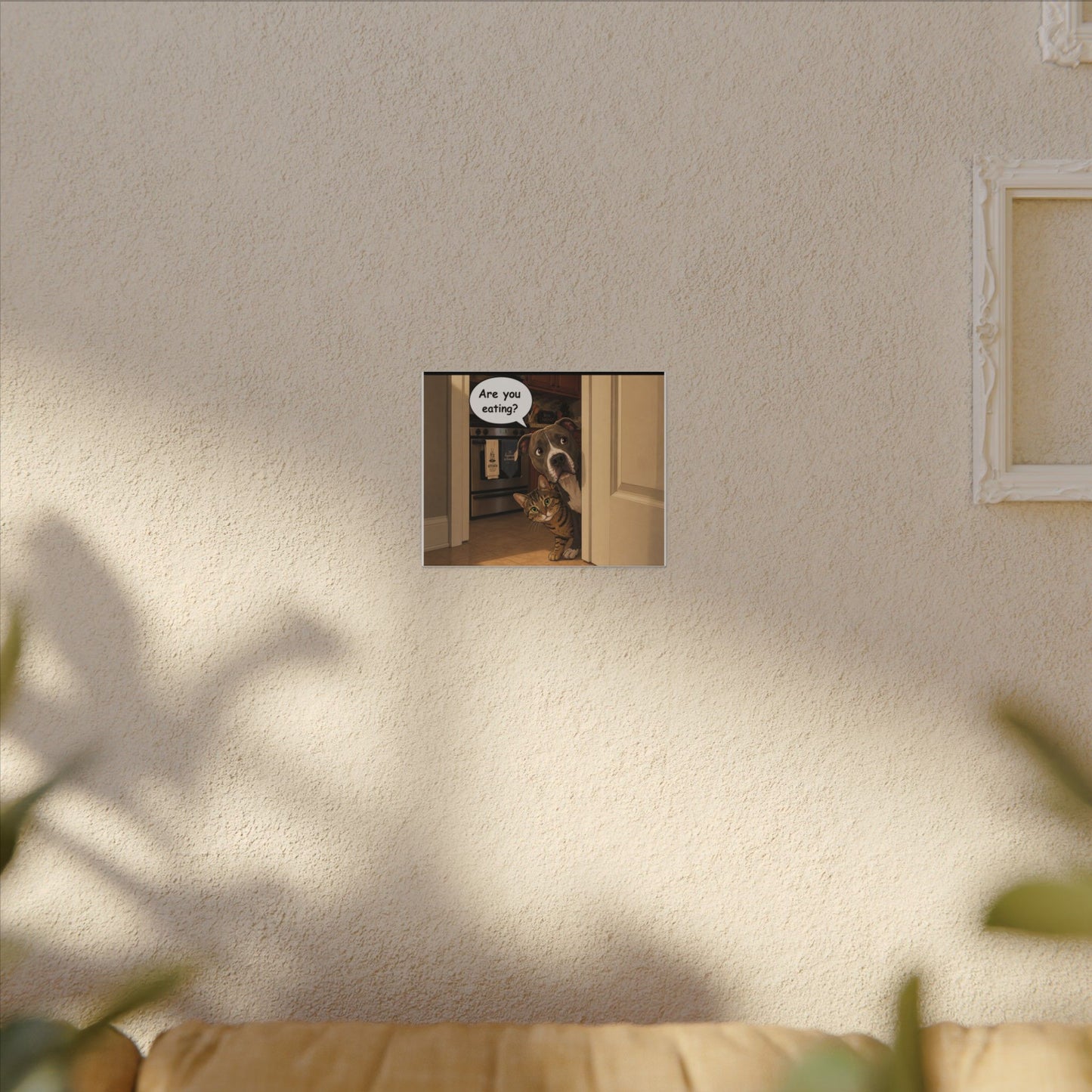 “Are You Eating?” Funny Dog and Cat Peeking Door Graphic
