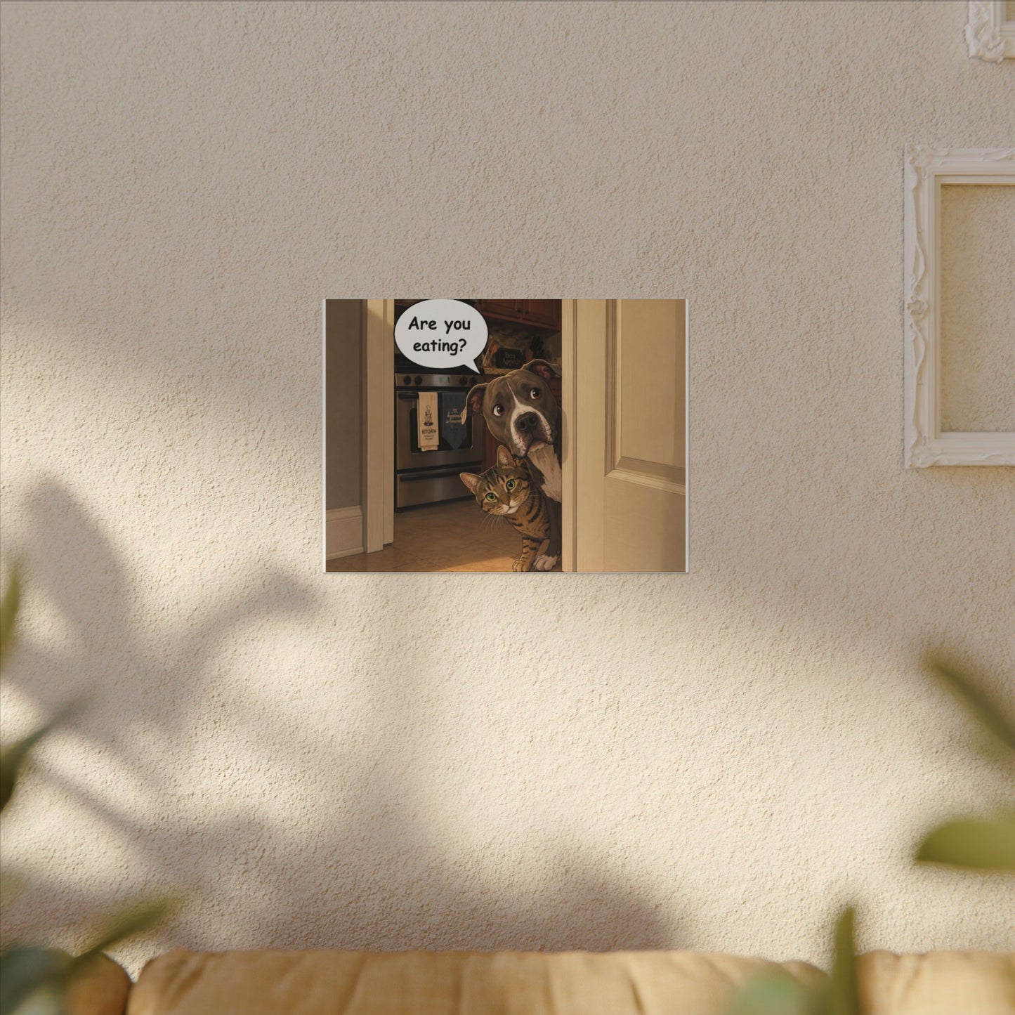 “Are You Eating?” Funny Dog and Cat Peeking Door Graphic