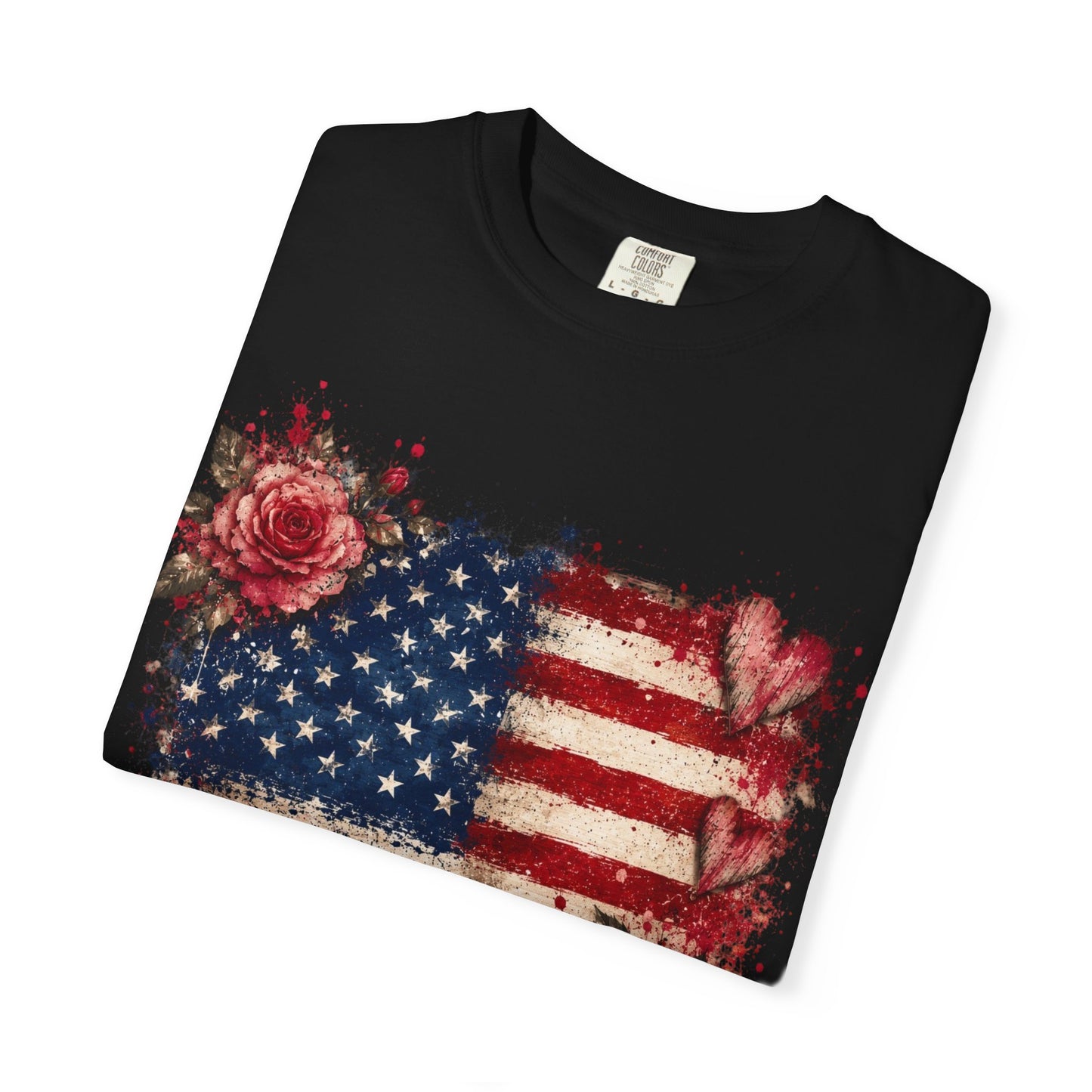 Vintage Patriotic Rose & Heart Flag Shirt Unisex Garment-Dyed T-shirt
