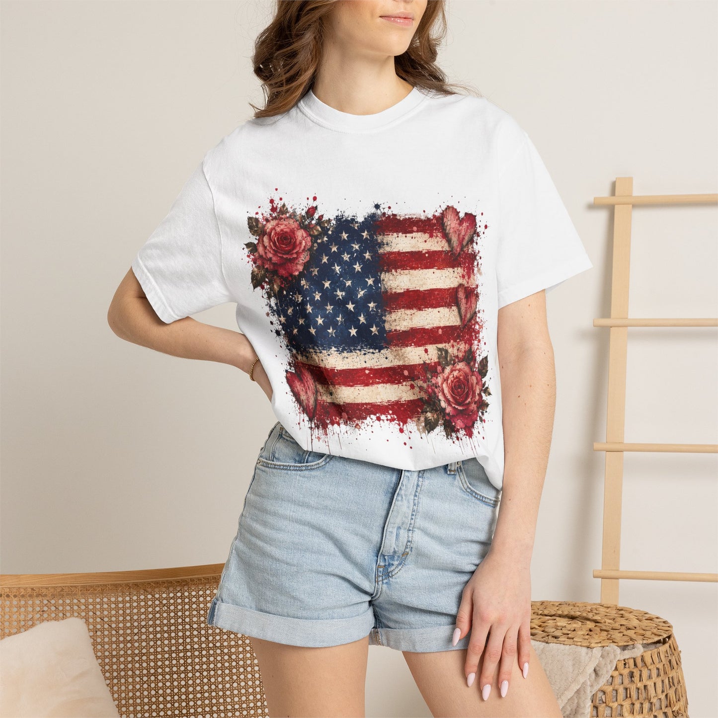 Vintage Patriotic Rose & Heart Flag Shirt Unisex Garment-Dyed T-shirt