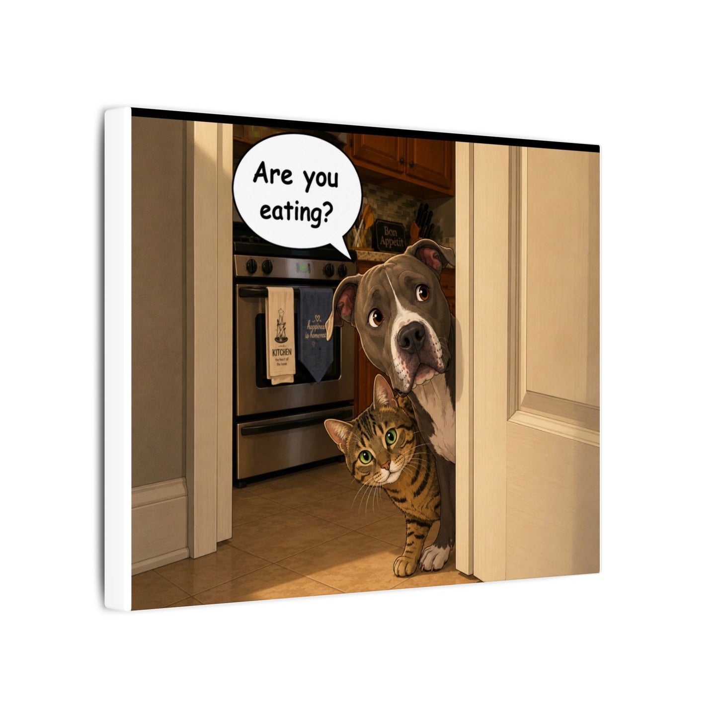 “Are You Eating?” Funny Dog and Cat Peeking Door Graphic