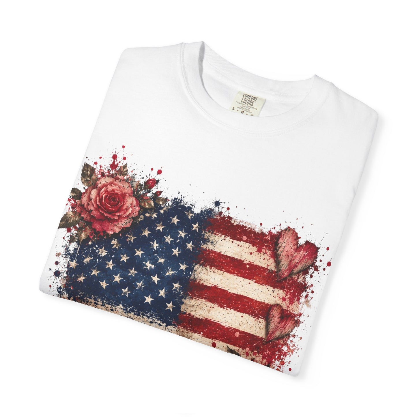 Vintage Patriotic Rose & Heart Flag Shirt Unisex Garment-Dyed T-shirt