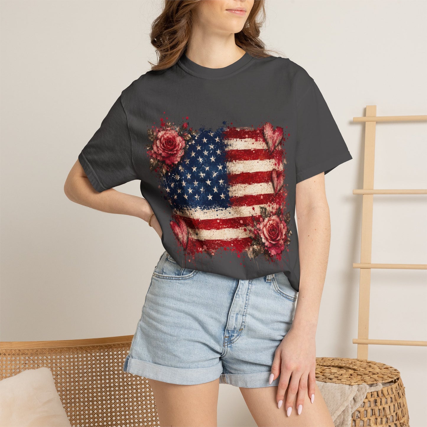 Vintage Patriotic Rose & Heart Flag Shirt Unisex Garment-Dyed T-shirt