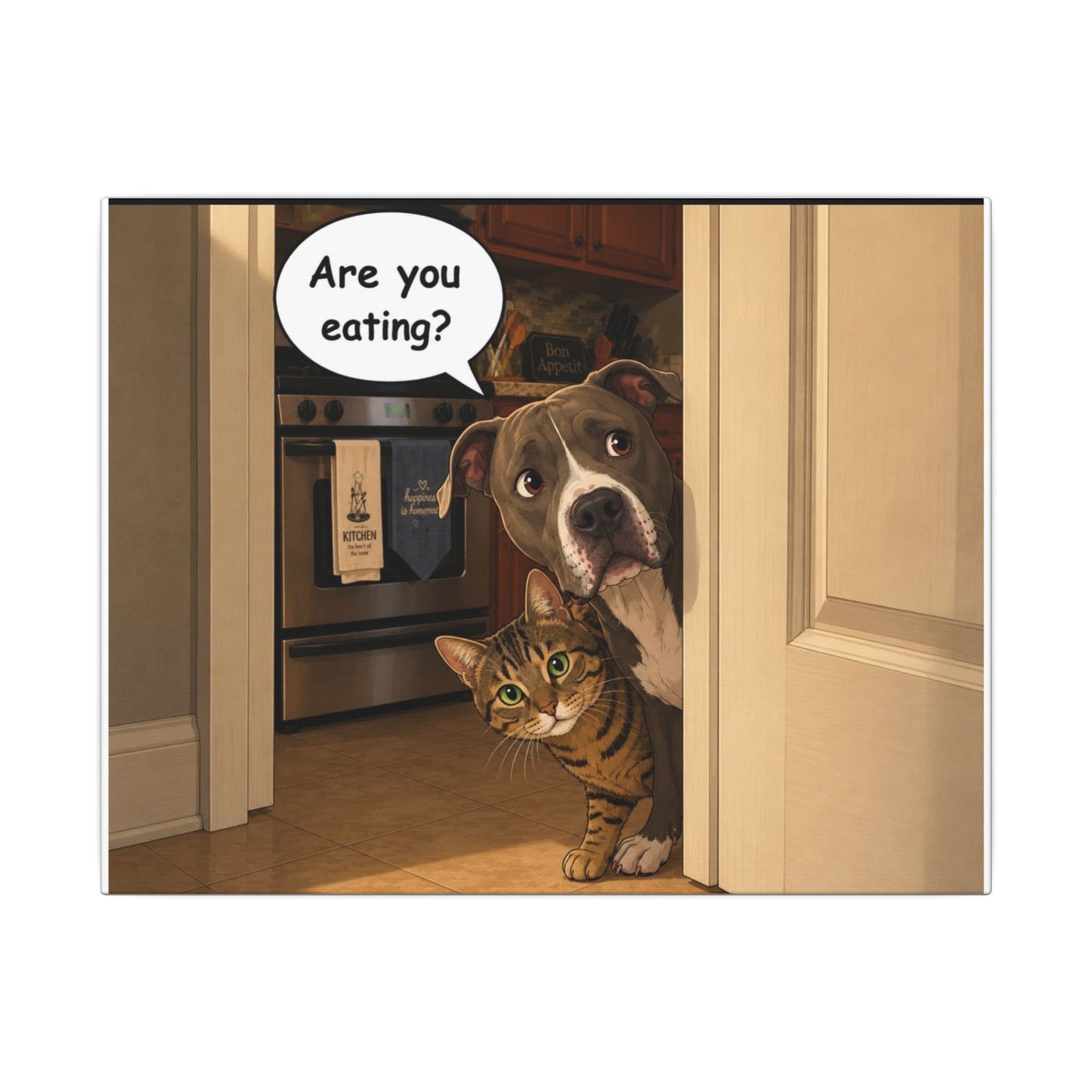 “Are You Eating?” Funny Dog and Cat Peeking Door Graphic