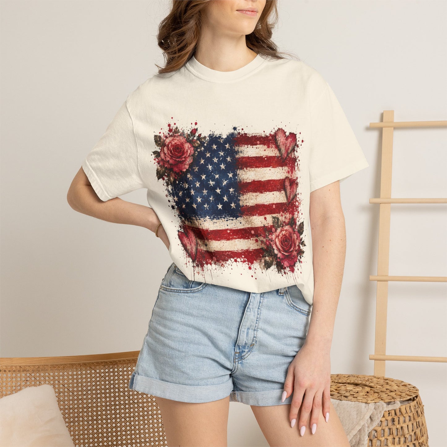 Vintage Patriotic Rose & Heart Flag Shirt Unisex Garment-Dyed T-shirt