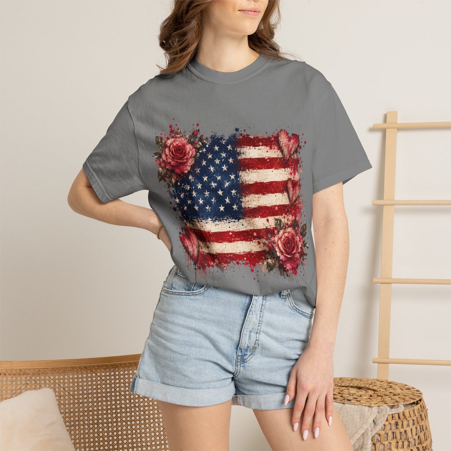 Vintage Patriotic Rose & Heart Flag Shirt Unisex Garment-Dyed T-shirt