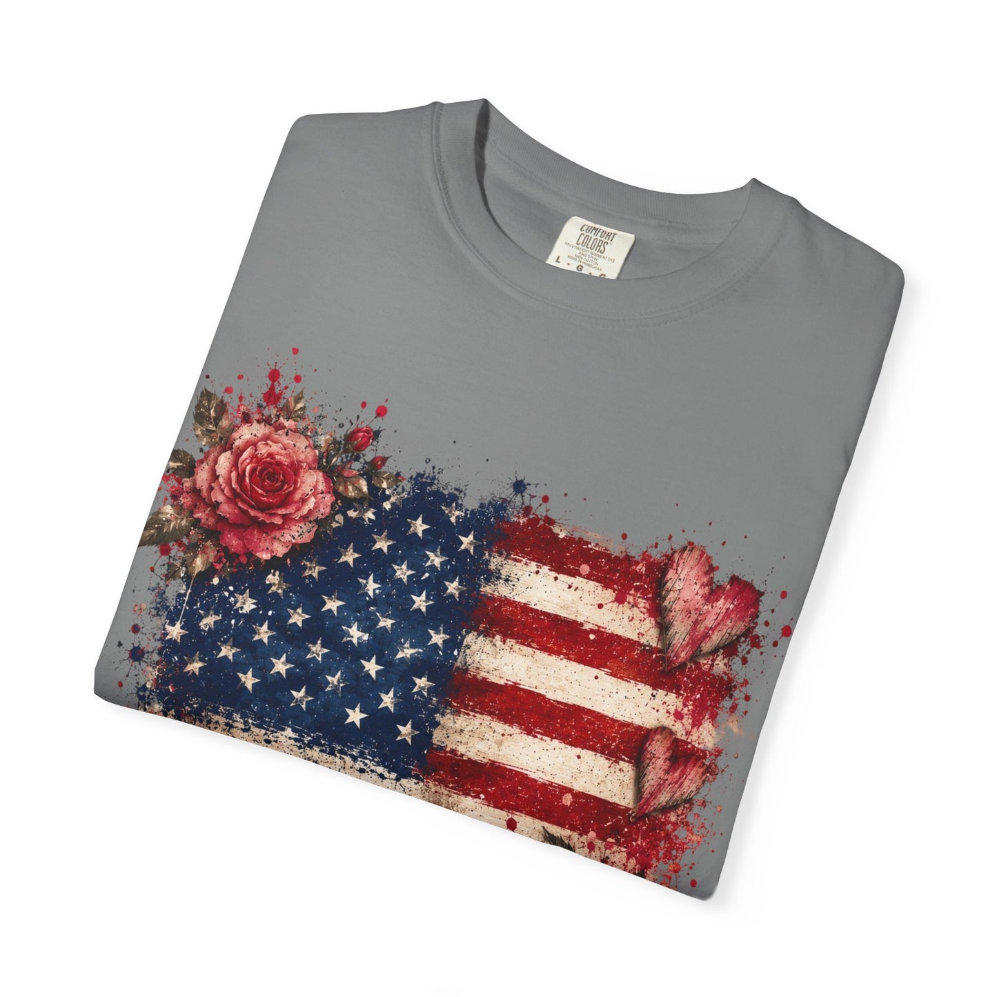 Vintage Patriotic Rose & Heart Flag Shirt Unisex Garment-Dyed T-shirt