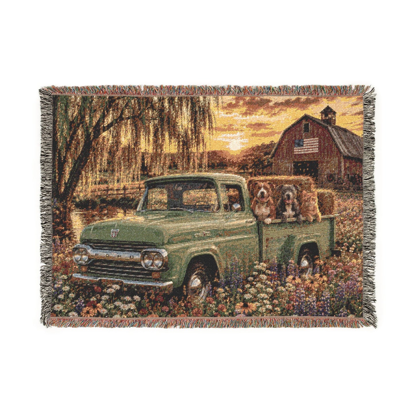 Vintage Green Farm Truck Woven Blanket with Dogs