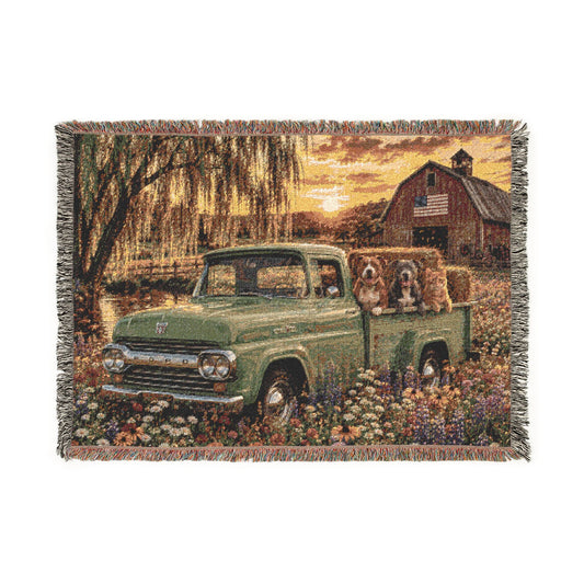 Vintage Green Farm Truck Woven Blanket with Dogs
